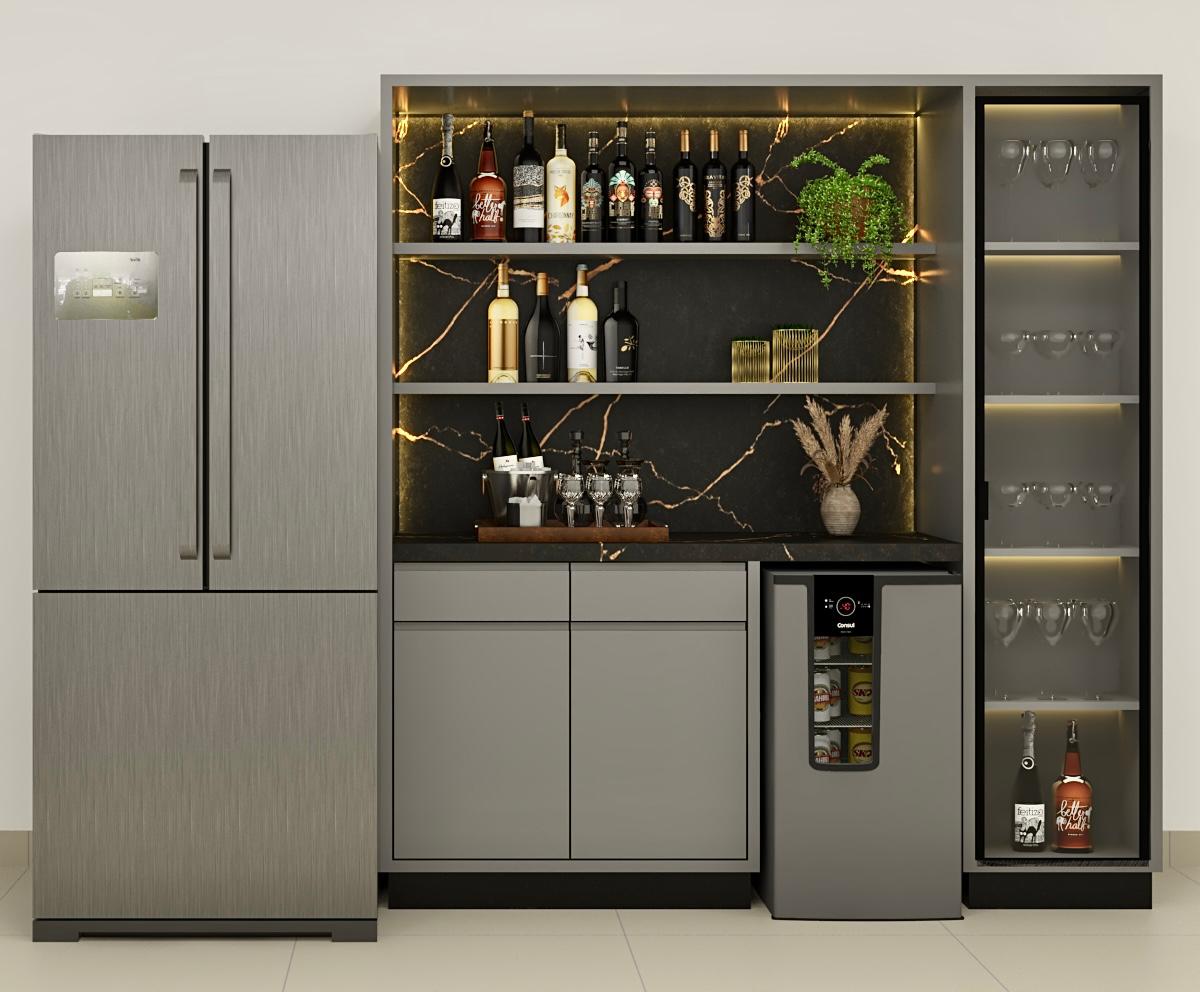 Adega planejada para área gourmet com iluminação em LED e cristaleira - Sofistic Móveis