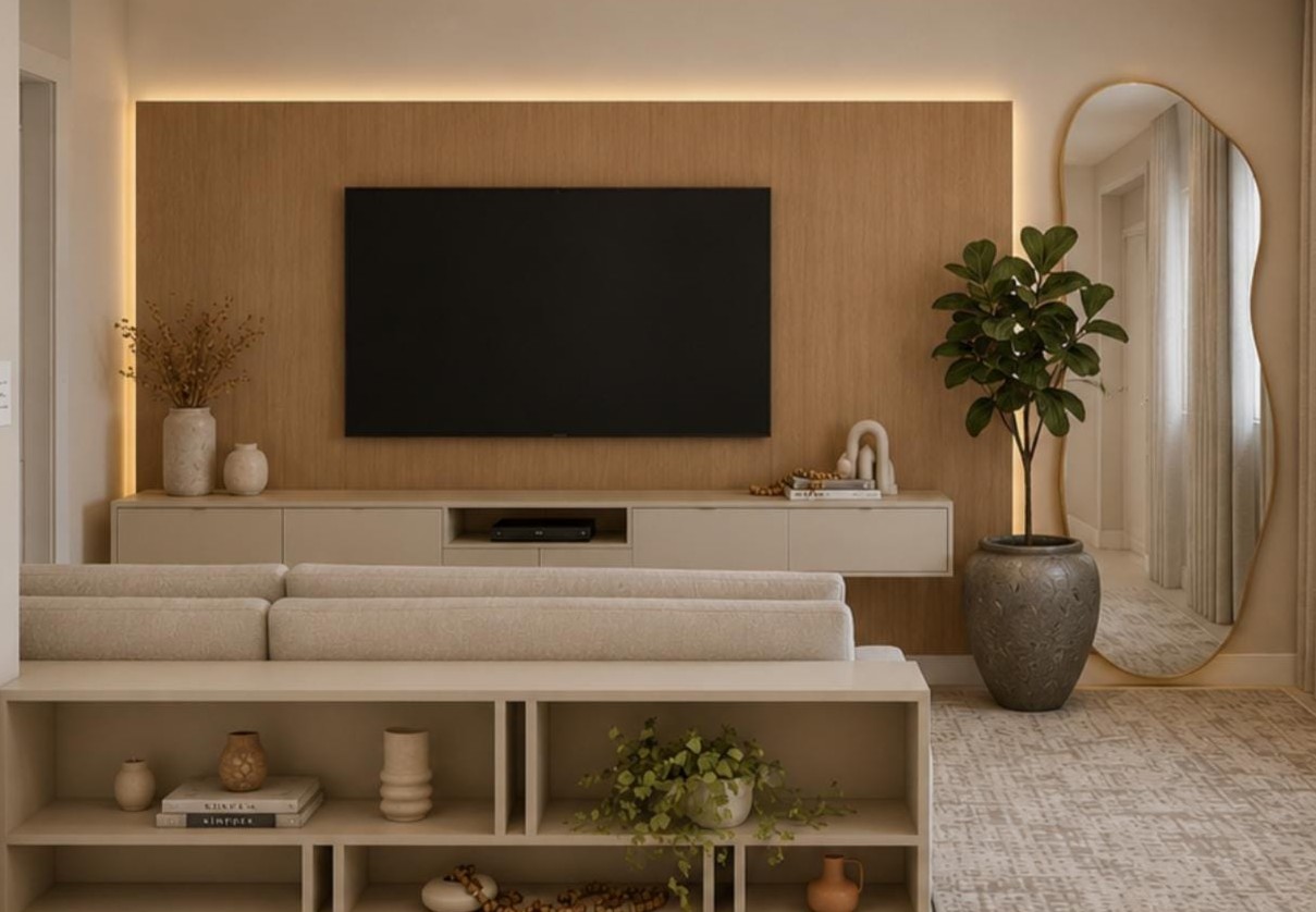 Painel de TV com ripado de madeira e rack claro