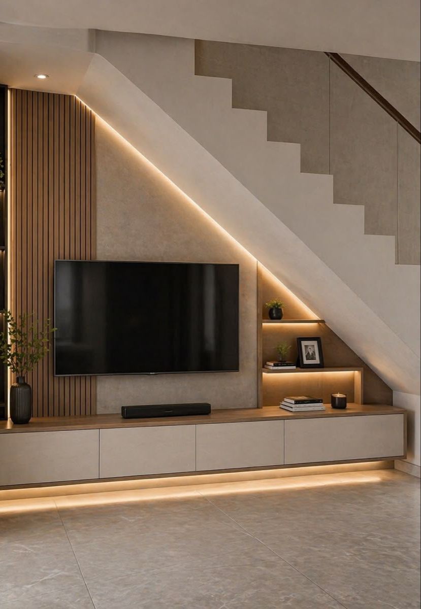 Painel de TV sob escada com iluminação LED